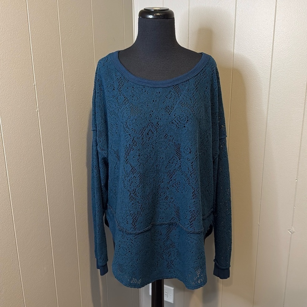 Free People Not Cold Lace Top Thermal Teal Blue Oversized Women Small